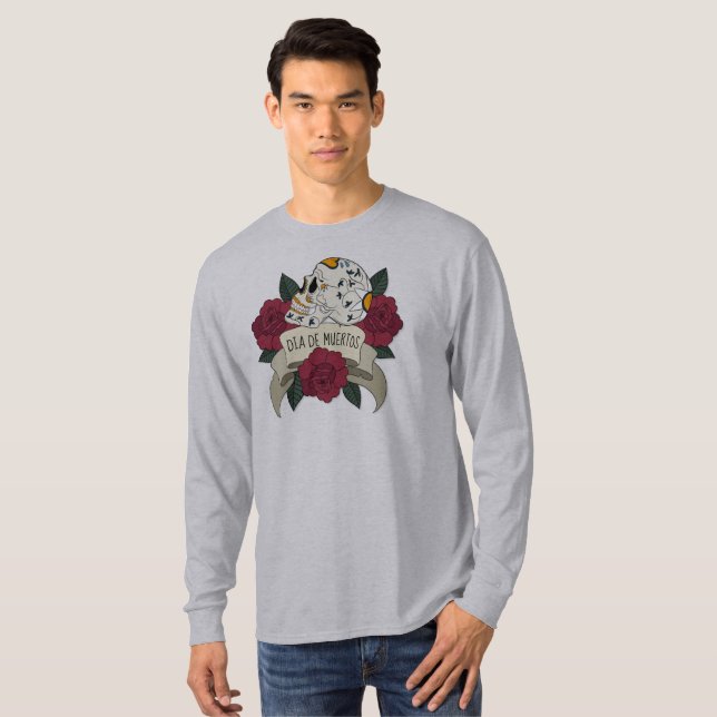 Blommigt Skull Dia de los Muertos Sleeve Shirt T Shirt (Hel framsida)