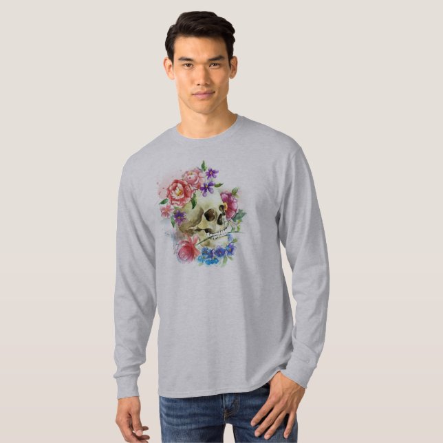 Blommigt Skull Dia de los Muertos | Sleeve Shirt T Shirt (Hel framsida)
