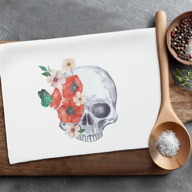 Blommigt Skull Goth Kökshandduk (Boho Halloween Skull Towel)