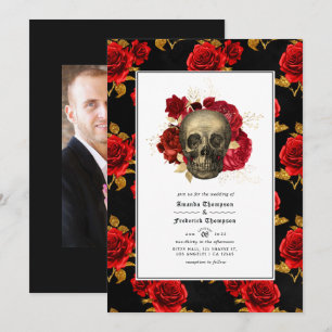 Blommigt Skull Gothic Bröllop Photo Inbjudningar