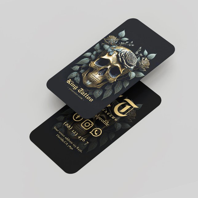 Blommigt Skull Guld Snyggt Tattoo Artist Visitkort (Monogram Pharmacy Pharmacist Dark Blue Modern Business Card
)