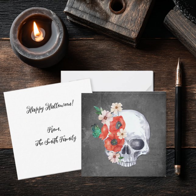Blommigt Skull Halloween Anteckningskort (Gothic Romance Floral Skull Notecard)