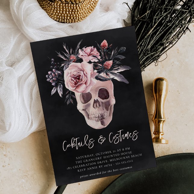 Blommigt Skull Halloween Cocktails & Costumes Part Inbjudningar (Skapare uppladdad)