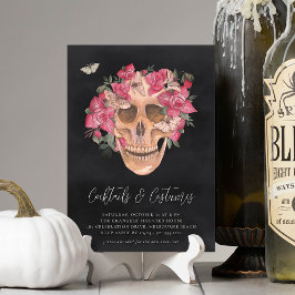 Blommigt Skull Halloween Costumes & Cocktails Part Inbjudningar