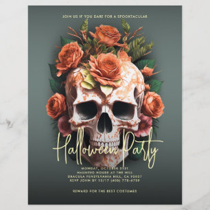 Blommigt Skull Halloween fest Moss Grönt Reklamblad