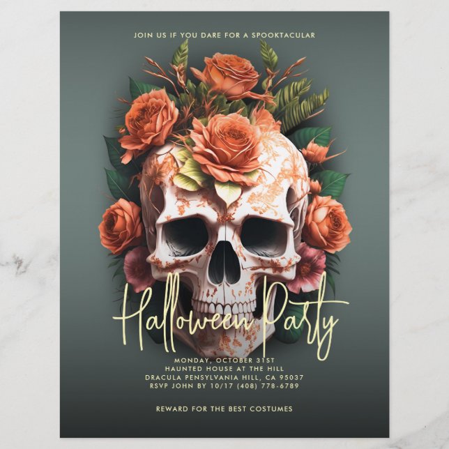 Blommigt Skull Halloween fest Moss Grönt Reklamblad (Framsidan)