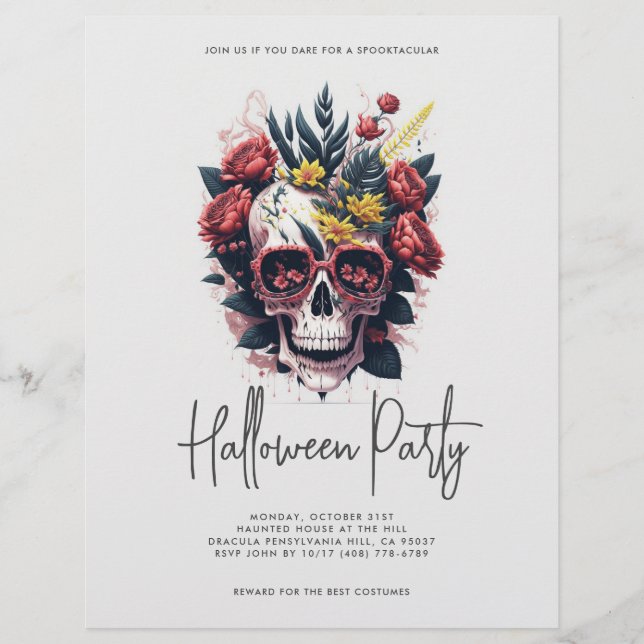 Blommigt Skull Halloween fest Reklamblad (Framsidan)