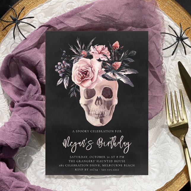 Blommigt Skull Halloween-Födelsedagsfest Inbjudningar (Skapare uppladdad)