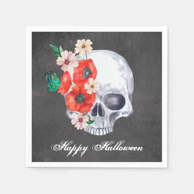 Blommigt Skull Halloween Pappersservett (Framsidan)