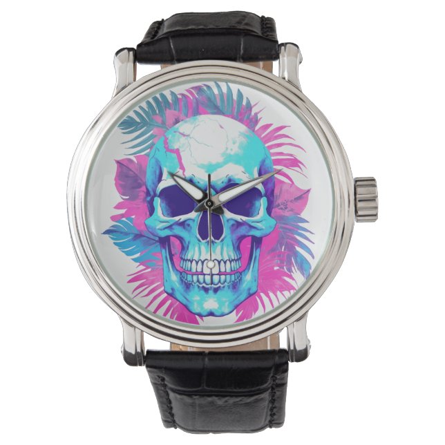 Blommigt Skull i Vaporwave Stil Armbandsur (Framsida)