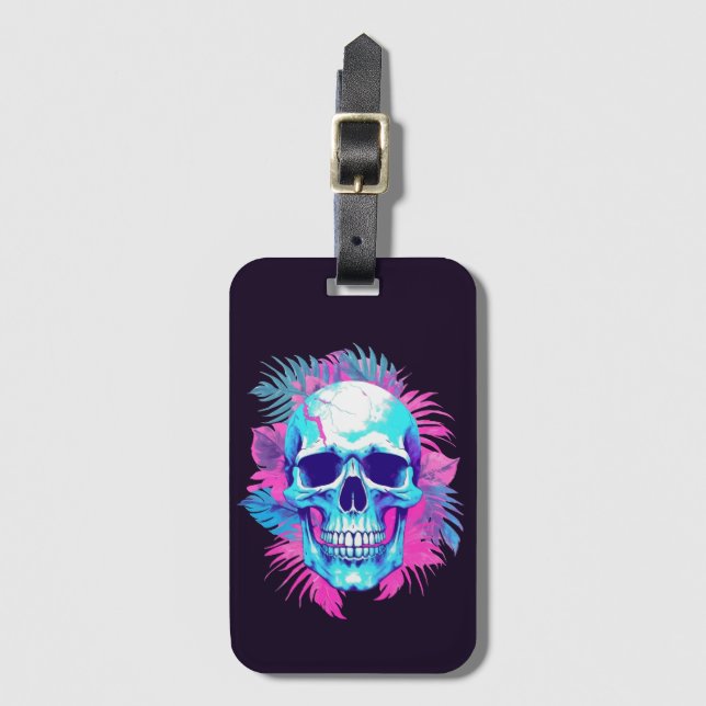 Blommigt Skull i Vaporwave Stil Bagagebricka (Framsida vertikal)