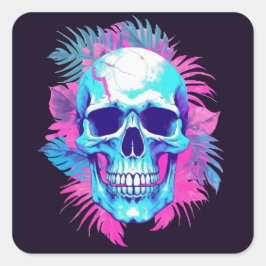 Blommigt Skull i Vaporwave Stil Fyrkantigt Klistermärke