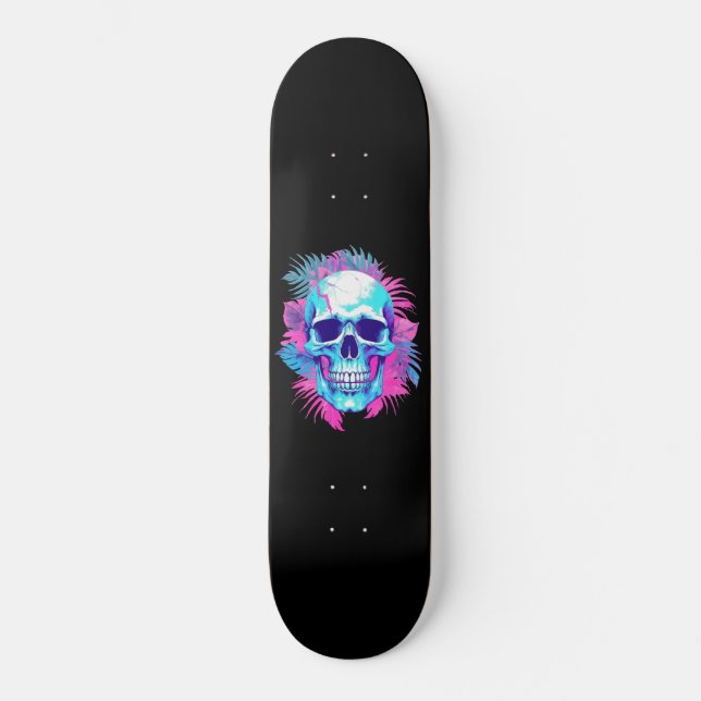 Blommigt Skull i Vaporwave Stil Mini Skateboard Bräda 18,5 Cm (Framsida)