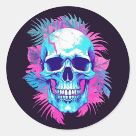 Blommigt Skull i Vaporwave Stil Runt Klistermärke