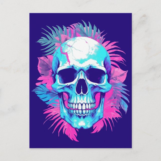Blommigt Skull i Vaporwave Stil Vykort (Framsida)