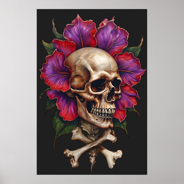 Blommigt Skull & korsben - botaniskt gotiskt Poster (Framsidan)