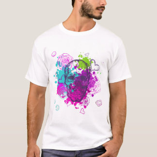 Blommigt Skull med fjädrar och öron - Rosa Backg T Shirt