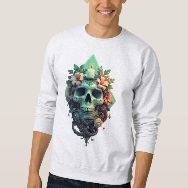 Blommigt Skull med ljus pixelbild Lång Ärmad Tröja (Framsida)