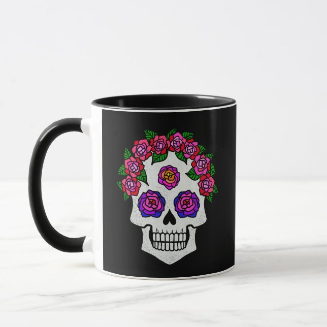 Blommigt Skull med Rons eget namn Halloween Mugg (Vänster)