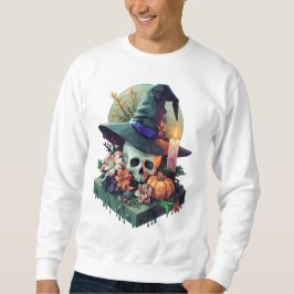 Blommigt Skull med Witch Hat Pixel Art Lång Ärmad Tröja