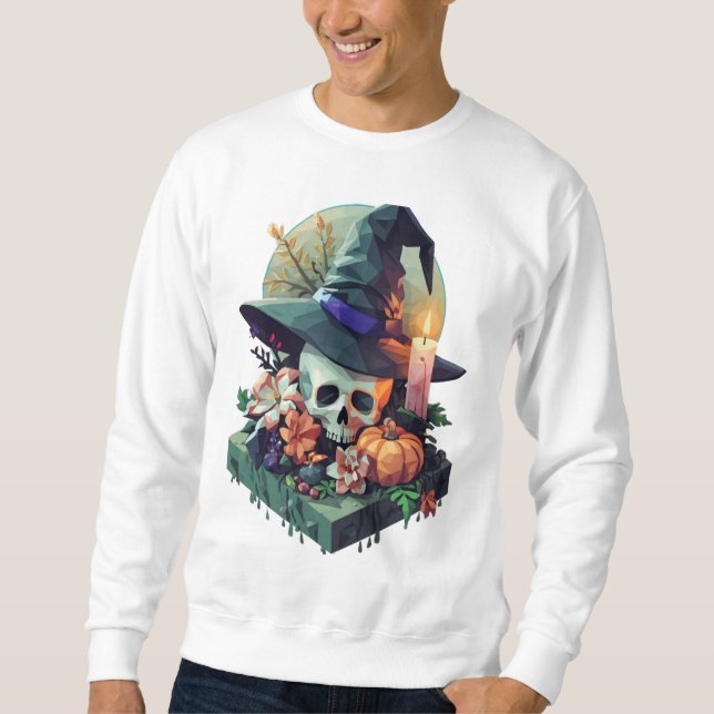 Blommigt Skull med Witch Hat Pixel Art Lång Ärmad Tröja (Framsida)
