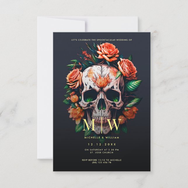 Blommigt Skull Monogram Halloween Bröllop Inbjudningar (Framsida)