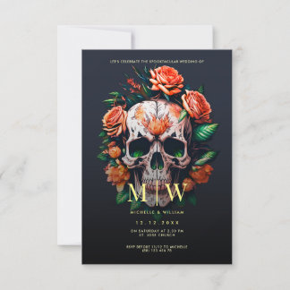 Blommigt Skull Monogram Halloween Bröllop Inbjudningar