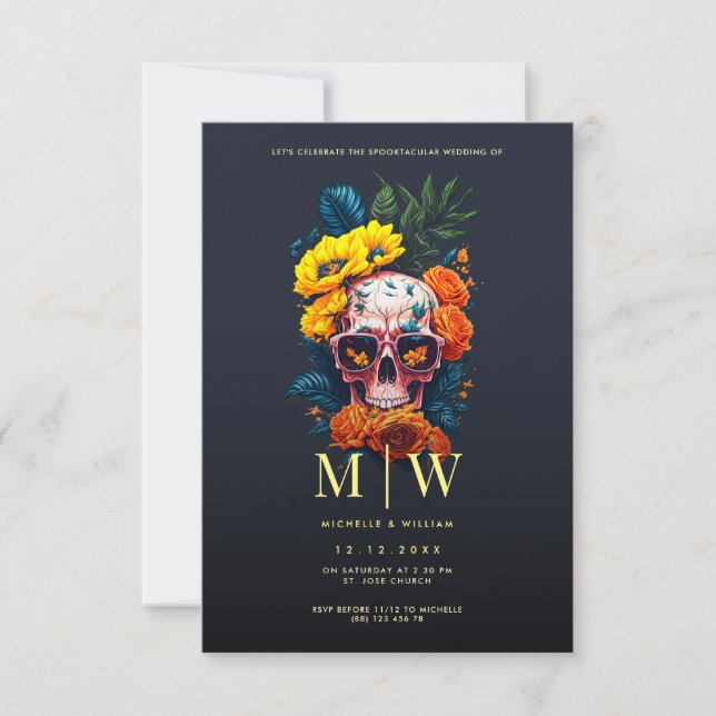 Blommigt Skull Monogram Halloween Bröllop Inbjudningar (Framsida)