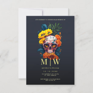Blommigt Skull Monogram Halloween Bröllop Inbjudningar