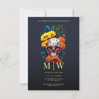 Blommigt Skull Monogram Halloween Bröllop Inbjudningar