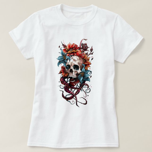 Blommigt Skull och bläckfisk T Shirt (Design framsida)