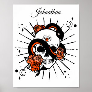 Blommigt Skull och snakad orm Poster