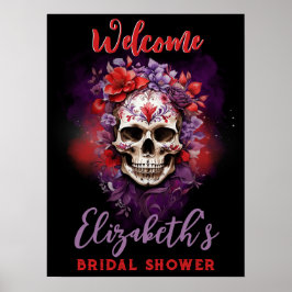 Blommigt Skull Red/Lila Halloween Välkomsttecken Poster