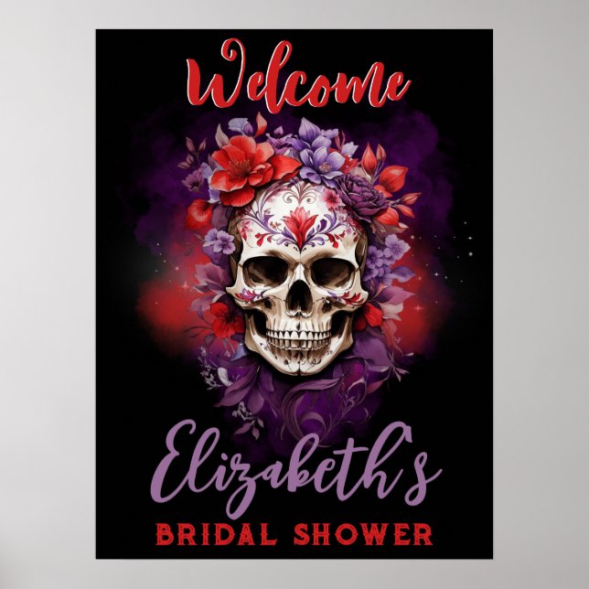 Blommigt Skull Red/Lila Halloween Välkomsttecken Poster (Framsidan)