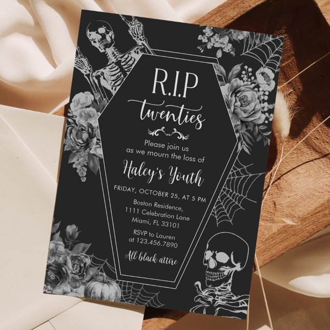 Blommigt Skull RIP 20 30års födelsedag Party Inbjudningar (Skapare uppladdad)