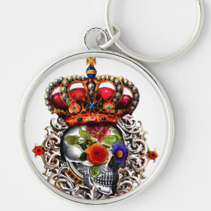 Blommigt Skull Rund Silverfärgad Nyckelring