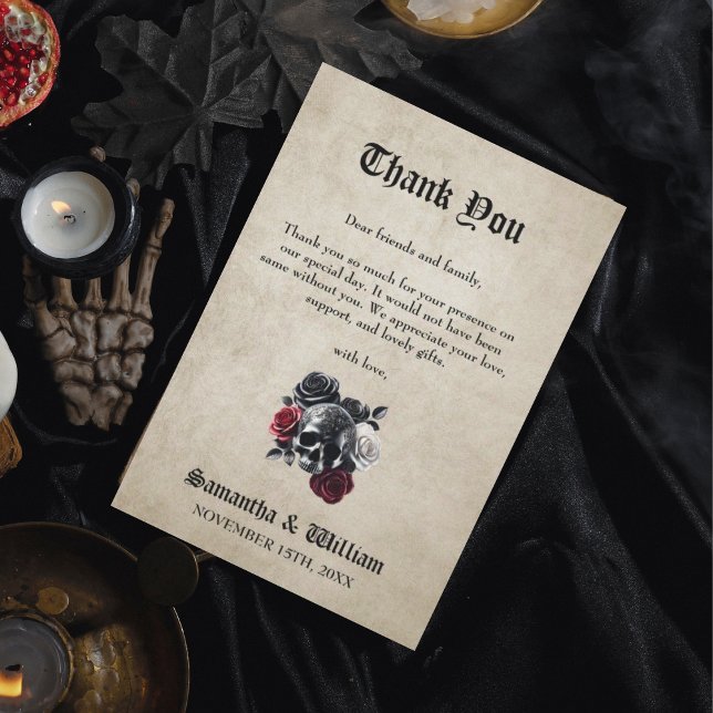 Blommigt Skull Rustic Elegant Halloween Bröllop Tack Kort (Skapare uppladdad)