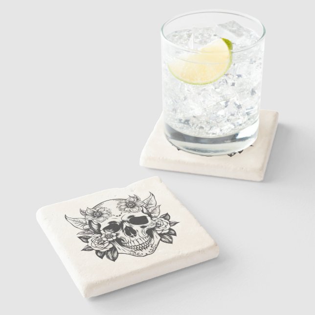 Blommigt Skull Stenunderlägg (Sidan)