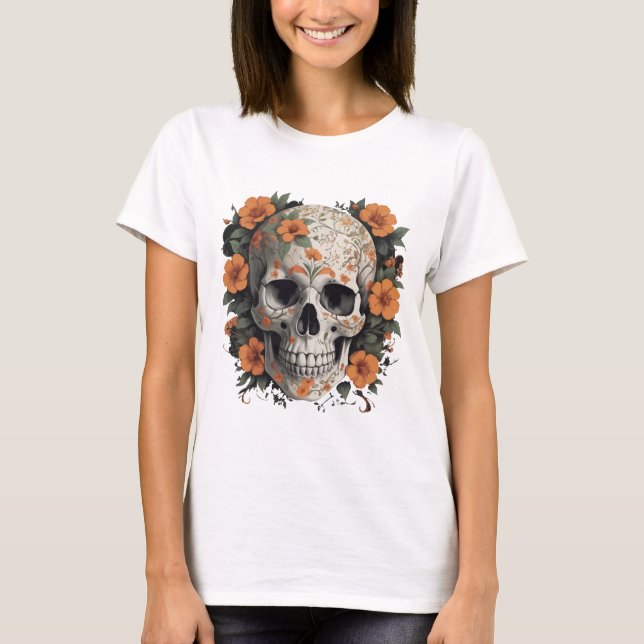 Blommigt Skullfusion - Edgy och Elegant vektordesi T Shirt (Framsida)