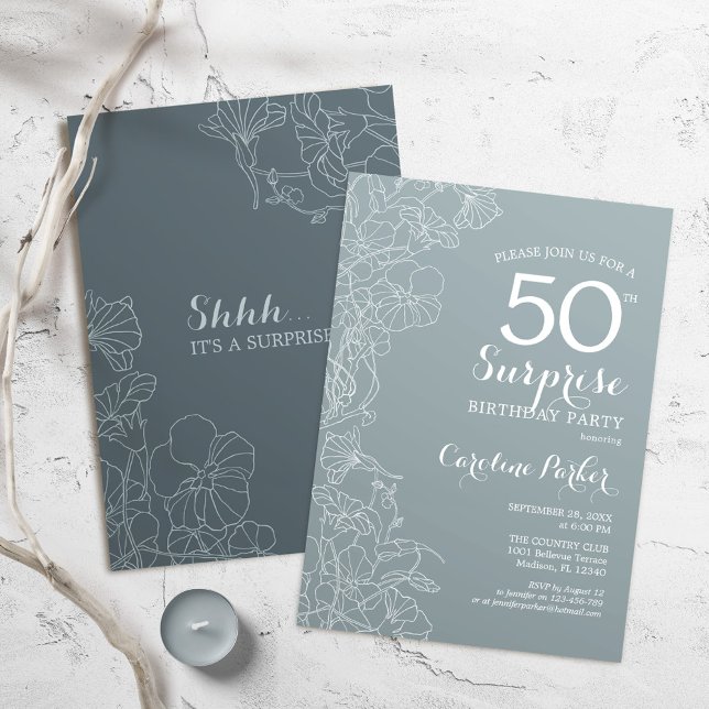 Blommigt Slate Blue Surprise 50:e Födelsedagsfeste Inbjudningar (Skapare uppladdad)