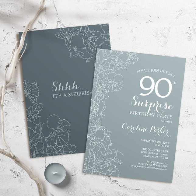 Blommigt Slate Blue Surprise 90:e Födelsedagsfest Inbjudningar (Skapare uppladdad)