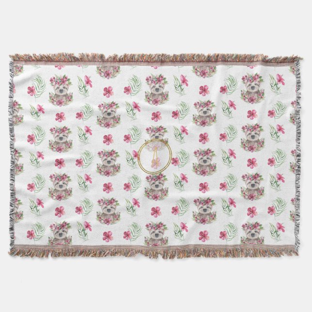 Blommigt SLOTH Monogram Mönster Girls Nursery Room Filt (Framsidan)