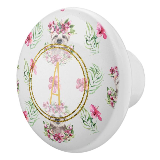 Blommigt SLOTH Monogram Mönster Girls Nursery Room Knopp (Höger)