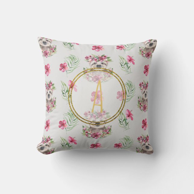 Blommigt SLOTH Monogram Mönster Girls Nursery Room Kudde (Framsida)