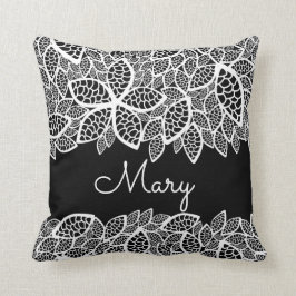 Blommigt Snöre ditt namn svart vitt Kudde