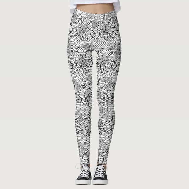 Blommigt Snöre Mönster, svart och vitt Leggings (Framsida)