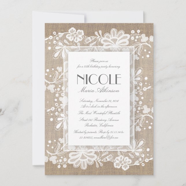 Blommigt Snöre och Burlap Elegant födelsedagsfest Inbjudningar (Framsida)