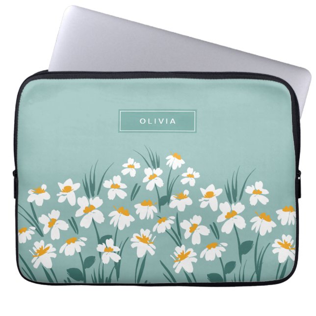 Blommigt snyggt av modern daisy, blå elegant laptop fodral (Framsidan)