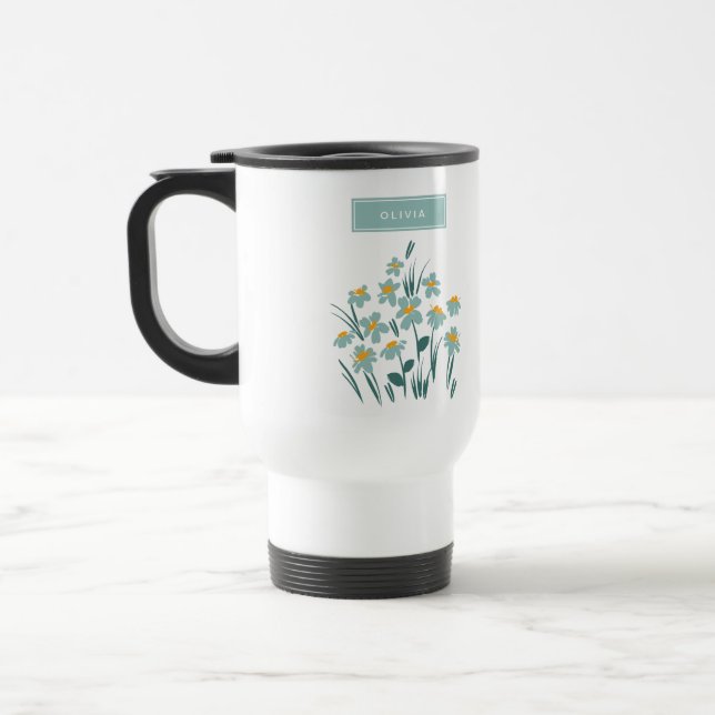 Blommigt snyggt av modern daisy, blå elegant resemugg (Vänster)