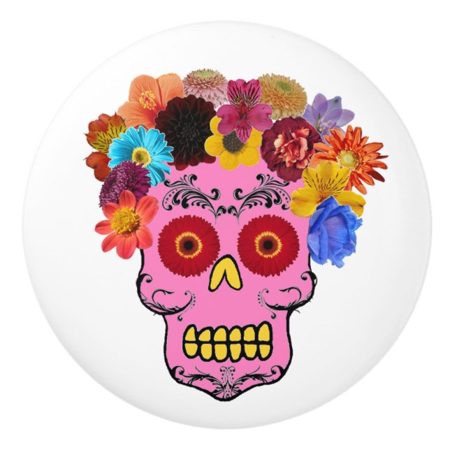 Blommigt Socker Skull Knopp (Framsidan)